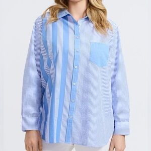 Foxcroft Mixed Stripe Oversized Boyfriend Tunic Button Shirt Seersucker Size XL